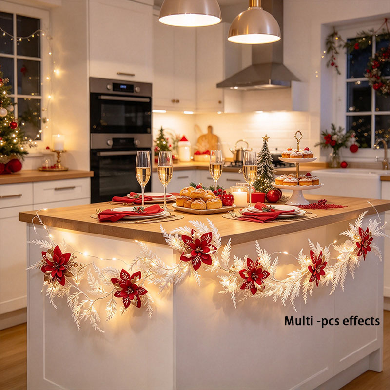 Led Fairy String Lights - Kırmızı ve Altın Renkli Poinsettia Çiçekleriyle
